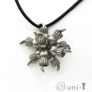 Choanoflagellate Colony Pendant - Unique Jewelry Design featuring a metallic cluster of radial structures on a black cord necklace.