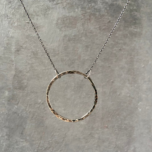 Sterling silver hammered circle necklace with large infinity loop pendant on delicate chain, 18” long with spring ring clasp – Uni-T.