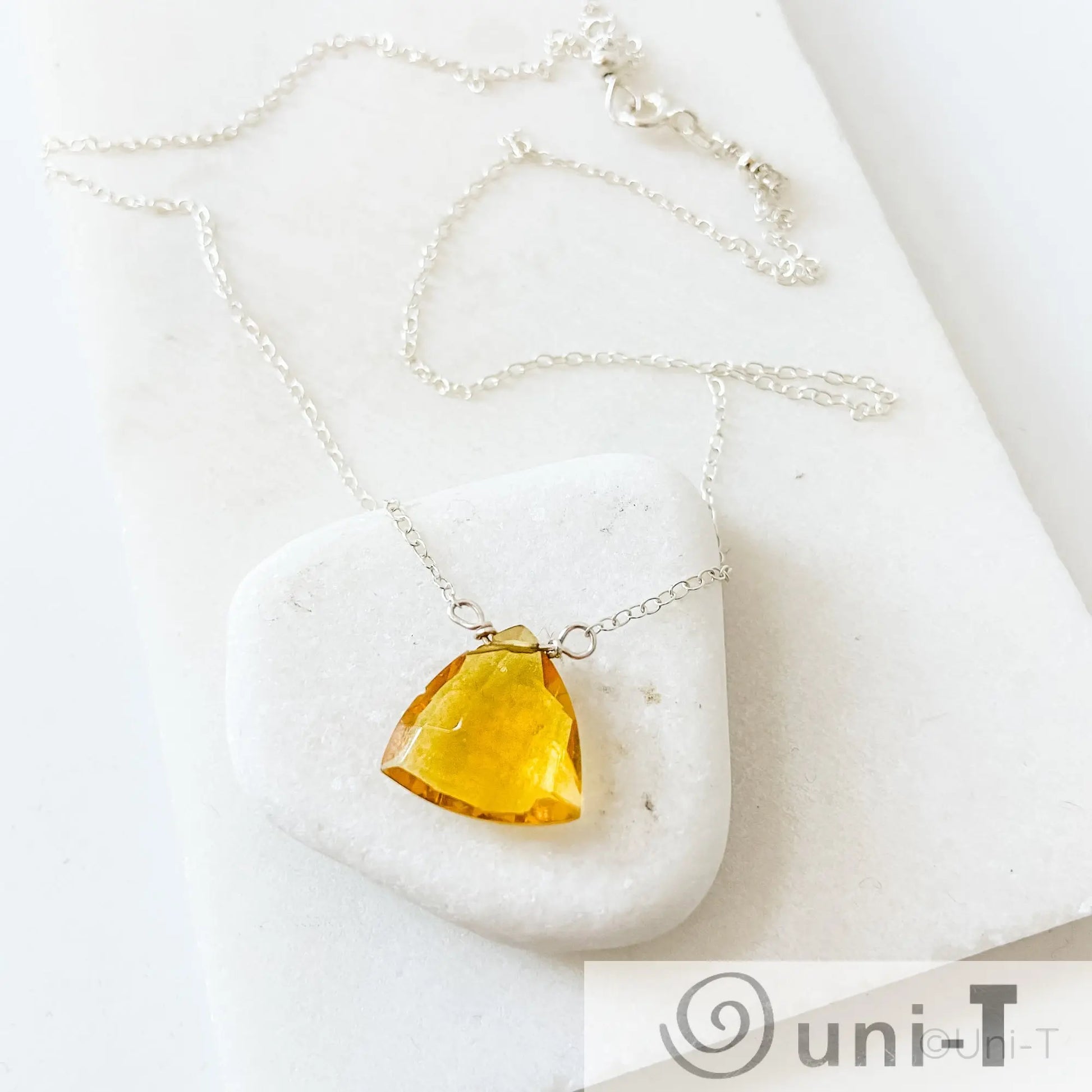 Citrine Gemstone Necklace with hand-cut yellow gemstone on sterling silver chain, 18-inch length with spring ring clasp by Uni-T.