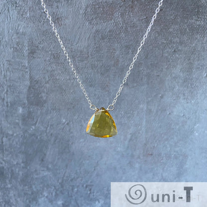 Dainty Citrine Gemstone Necklace featuring a triangular yellow citrine pendant on a sterling silver chain, perfect for layering or gifting.