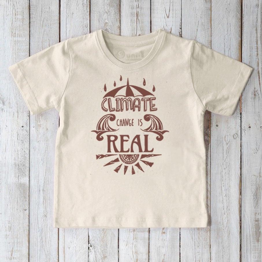 Kids' Climate Change Organic Cotton T-Shirt in cream with brown 'Climate Change Is Real' graphic. Eco-friendly activist tee for children by Uni-T.