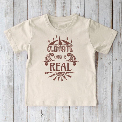 Kids' Climate Change Organic Cotton T-Shirt in cream with brown 'Climate Change Is Real' graphic. Eco-friendly activist tee for children by Uni-T.