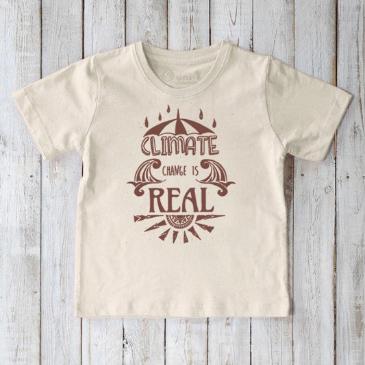Kids' Climate Change Organic Cotton T-Shirt in cream with brown 'Climate Change Is Real' graphic. Eco-friendly activist tee for children by Uni-T.