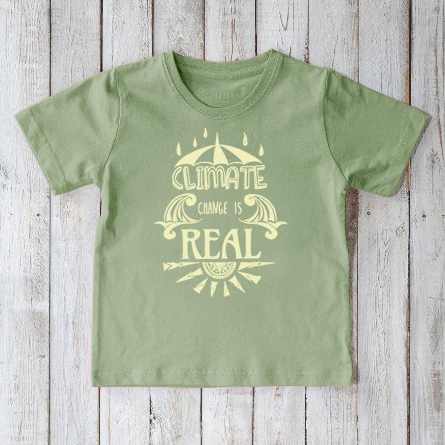 Green Kids' Organic Cotton T-Shirt with light yellow 'Climate Change Is Real' design. Sustainable environmental awareness shirt for kids.