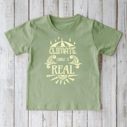 Green Kids' Organic Cotton T-Shirt with light yellow 'Climate Change Is Real' design. Sustainable environmental awareness shirt for kids.