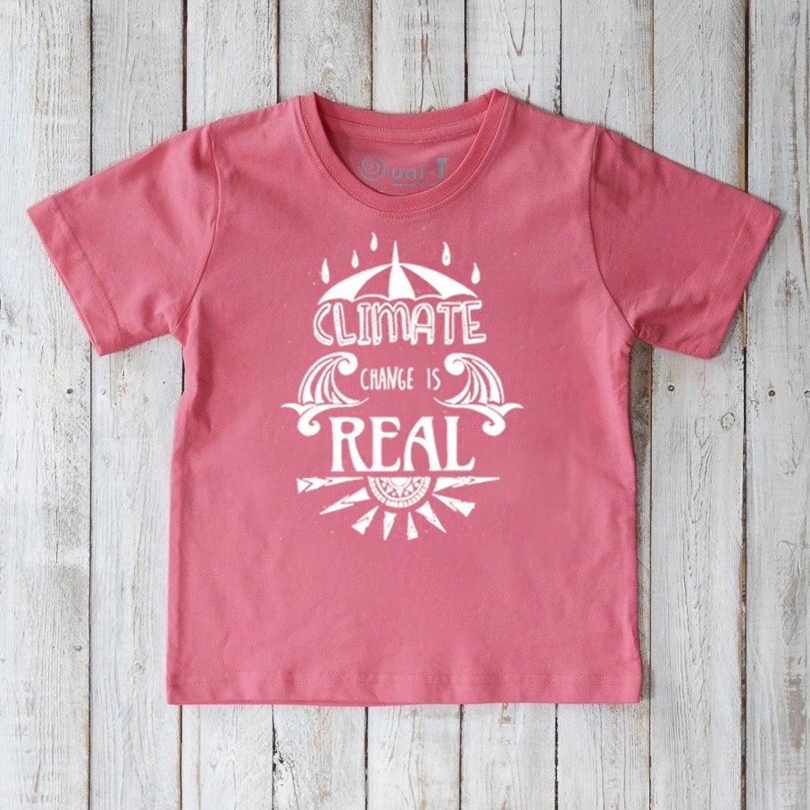 Pink Kids' Climate Change Organic Cotton T-Shirt featuring white eco-activist graphic. Educational and sustainable tee by Uni-T for children.