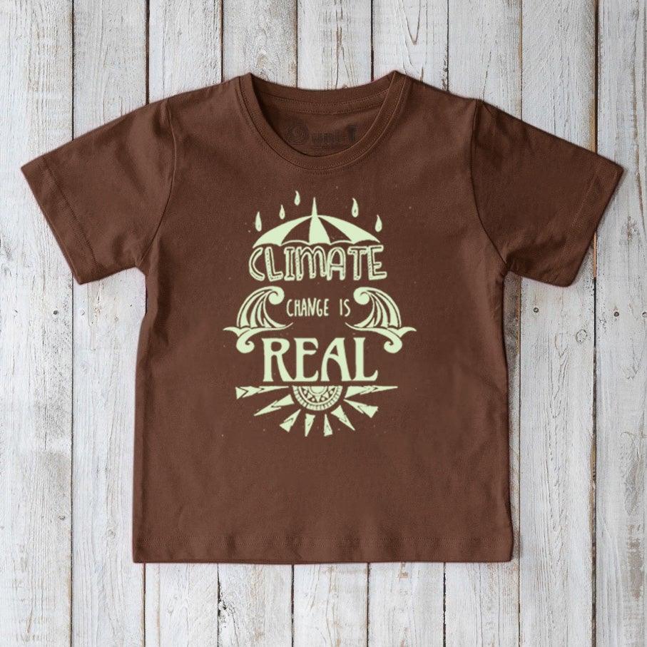Brown Kids' Organic Cotton T-Shirt with pale green 'Climate Change Is Real' message. Eco-conscious educational top for young activists.
