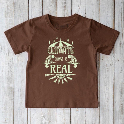 Brown Kids' Organic Cotton T-Shirt with pale green 'Climate Change Is Real' message. Eco-conscious educational top for young activists.