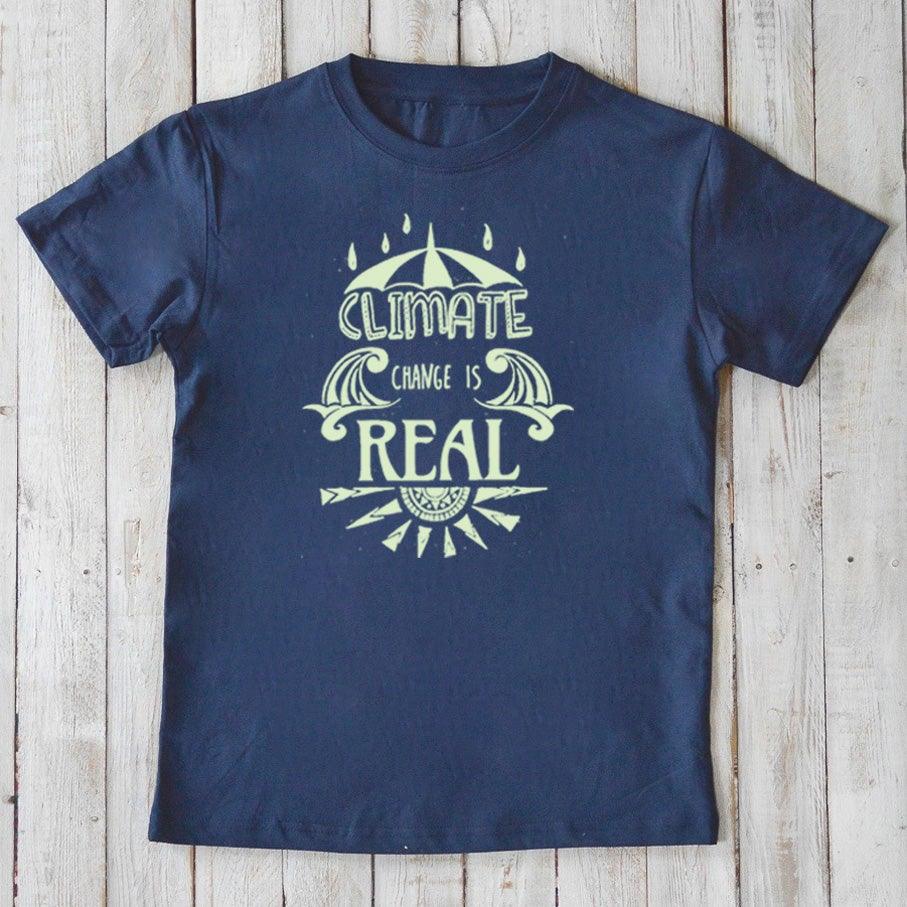 Navy blue Kids' Organic Cotton T-Shirt with green 'Climate Change Is Real' graphic. Sustainable and educational top for environmental awareness.
