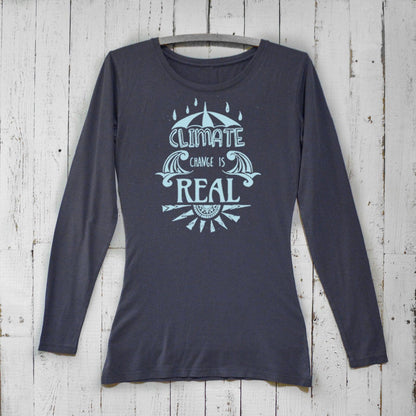Women's Climate Change Long Sleeve T-Shirt in navy bamboo and organic cotton with 'Climate Change is Real' graphic. Eco-conscious activist apparel.