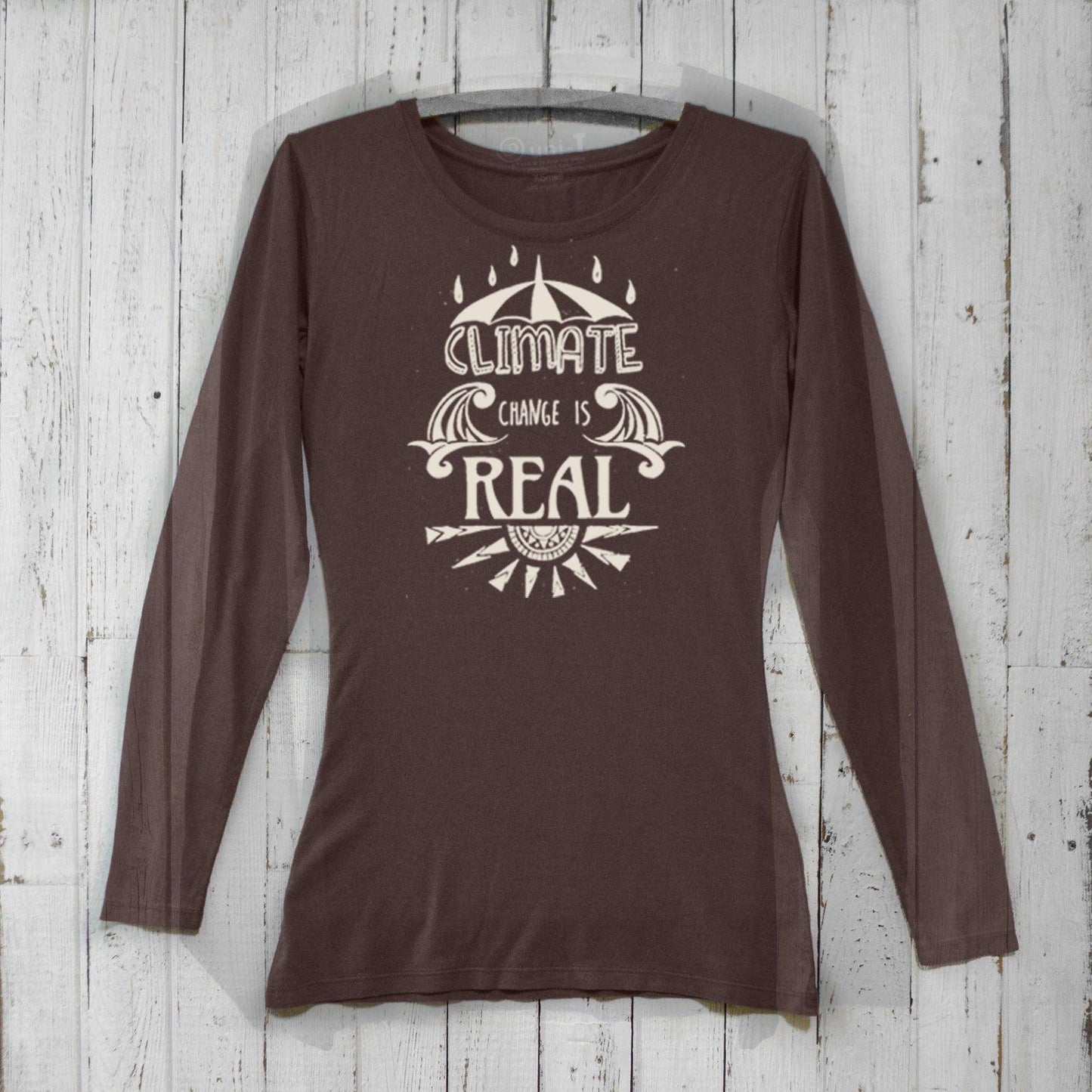 Dark brown Women's Climate Change Long Sleeve T-Shirt made from bamboo and organic cotton with environmental message. Cozy tee for eco-conscious women.