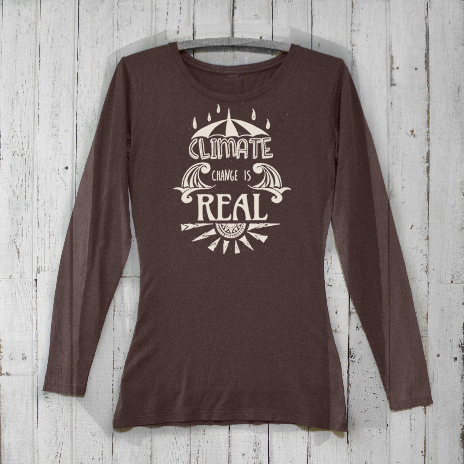Dark brown Women's Climate Change Long Sleeve T-Shirt made from bamboo and organic cotton with environmental message. Cozy tee for eco-conscious women.