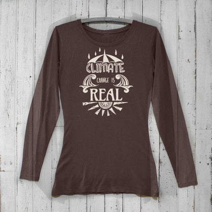 Dark brown Women's Climate Change Long Sleeve T-Shirt made from bamboo and organic cotton with environmental message. Cozy tee for eco-conscious women.