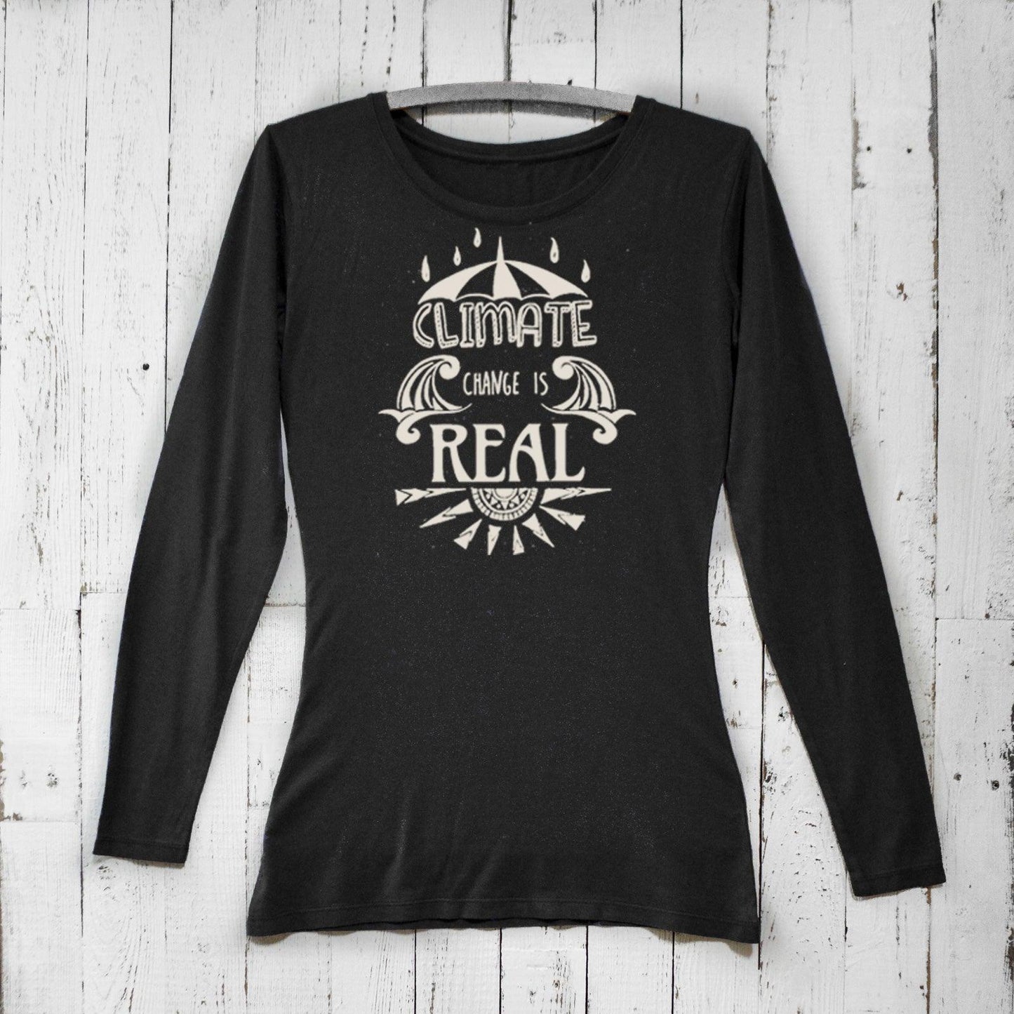 Black Women's Climate Change Long Sleeve T-Shirt in bamboo and organic cotton blend with activist slogan. Ideal sustainable fashion for environmentalists.