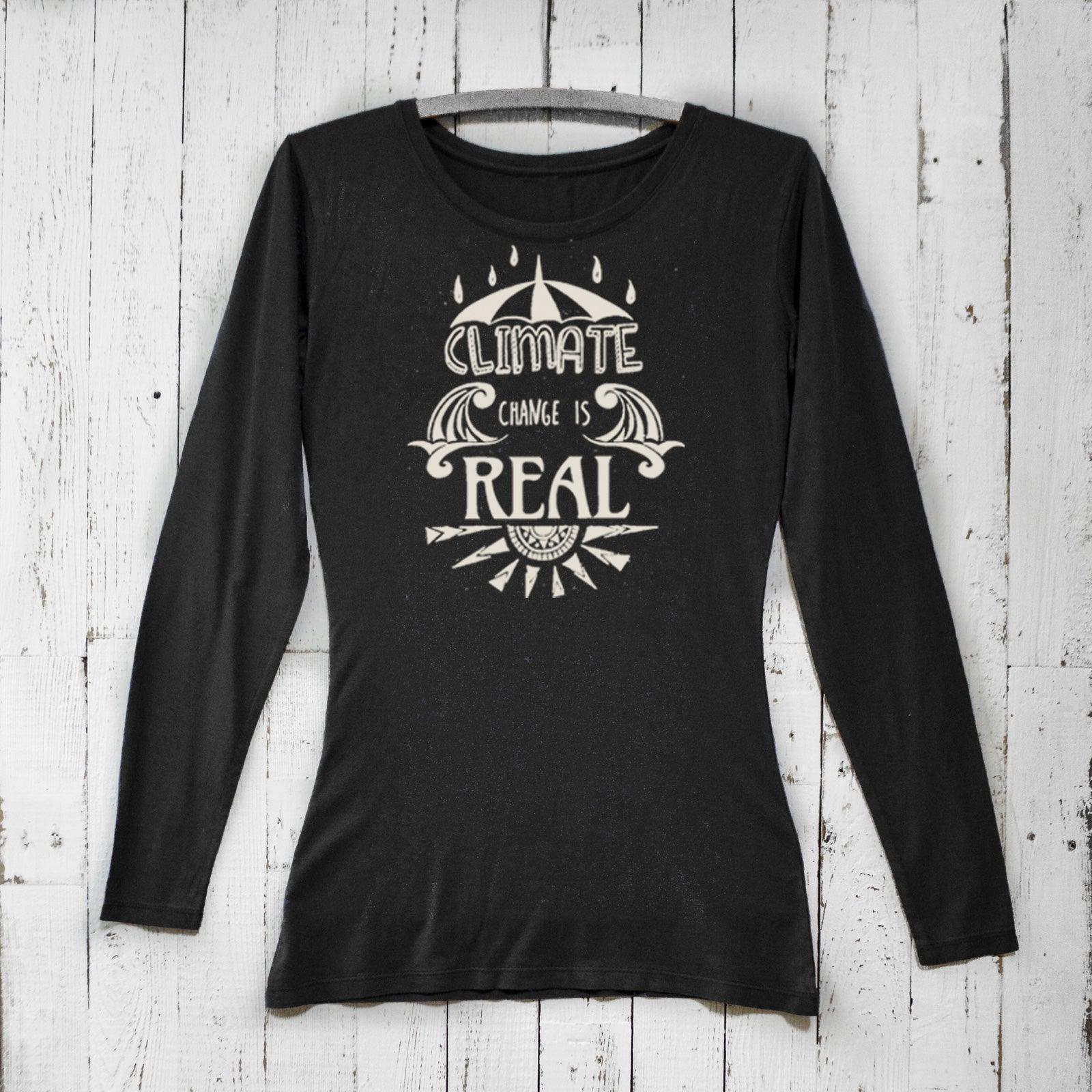 Black Women's Climate Change Long Sleeve T-Shirt in bamboo and organic cotton blend with activist slogan. Ideal sustainable fashion for environmentalists.