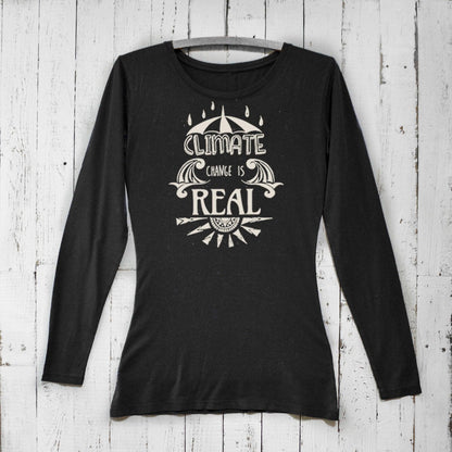 Black Women's Climate Change Long Sleeve T-Shirt in bamboo and organic cotton blend with activist slogan. Ideal sustainable fashion for environmentalists.