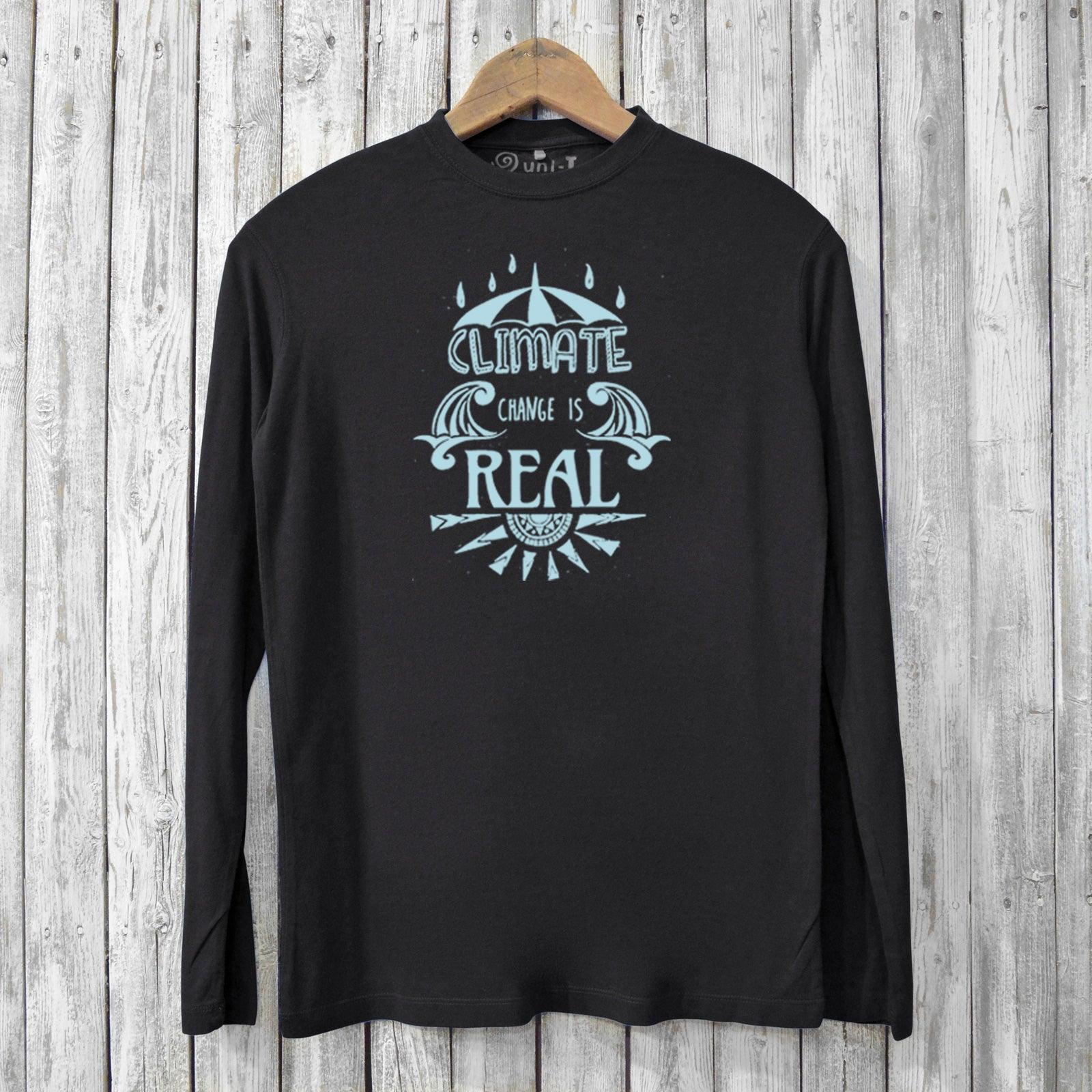 Men's Climate Change T-Shirt - Sustainable Graphic Tee in black with 'Climate Change Is Real' design, made from bamboo and organic cotton.
