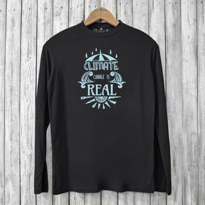 Men's Climate Change T-Shirt - Sustainable Graphic Tee in black with 'Climate Change Is Real' design, made from bamboo and organic cotton.