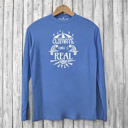 Blue Men's Climate Change T-Shirt - Sustainable Graphic Tee featuring bold eco-message, crafted from bamboo and organic cotton for comfort and impact.