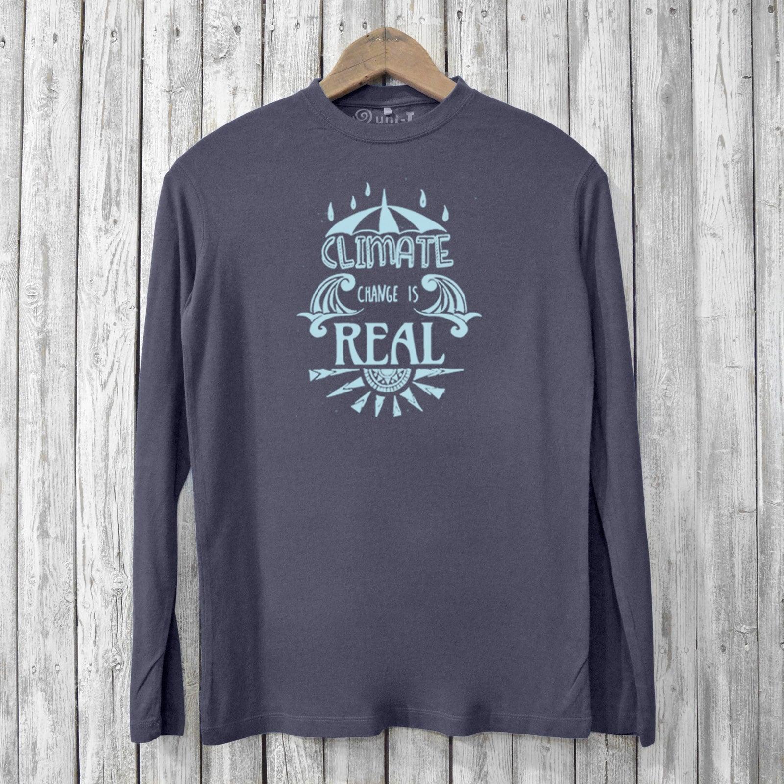 Charcoal Men's Climate Change T-Shirt - Sustainable Graphic Tee with eco-conscious slogan, ideal for rallies or casual wear, made from bamboo and cotton.