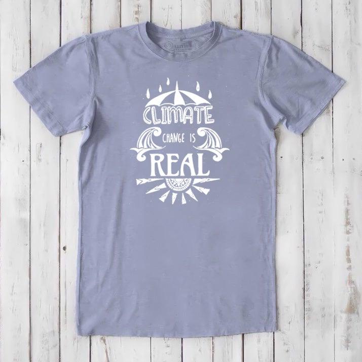Sustainable men's bamboo & organic cotton T-shirt in lavender with 'Climate Change is Real' print. Ideal gift for environmental advocates.