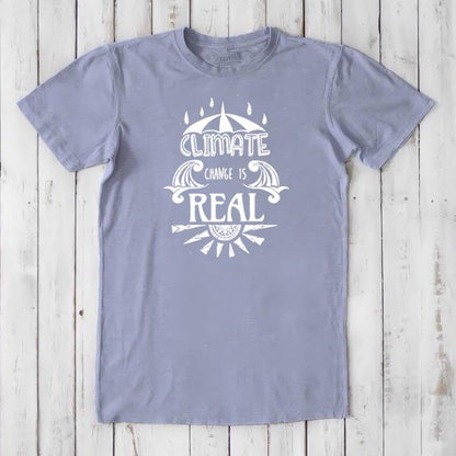 Sustainable men's bamboo & organic cotton T-shirt in lavender with 'Climate Change is Real' print. Ideal gift for environmental advocates.