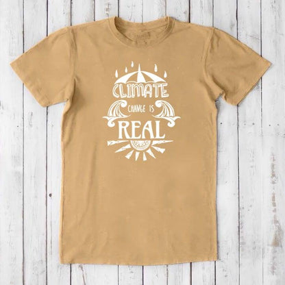 Men’s tan bamboo & organic cotton T-shirt with white 'Climate Change is Real' graphic. Eco-friendly statement tee for climate activists.
