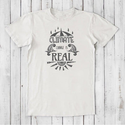 White men's organic cotton & bamboo T-shirt featuring black 'Climate Change is Real' graphic. Ethical fashion for environmental awareness.