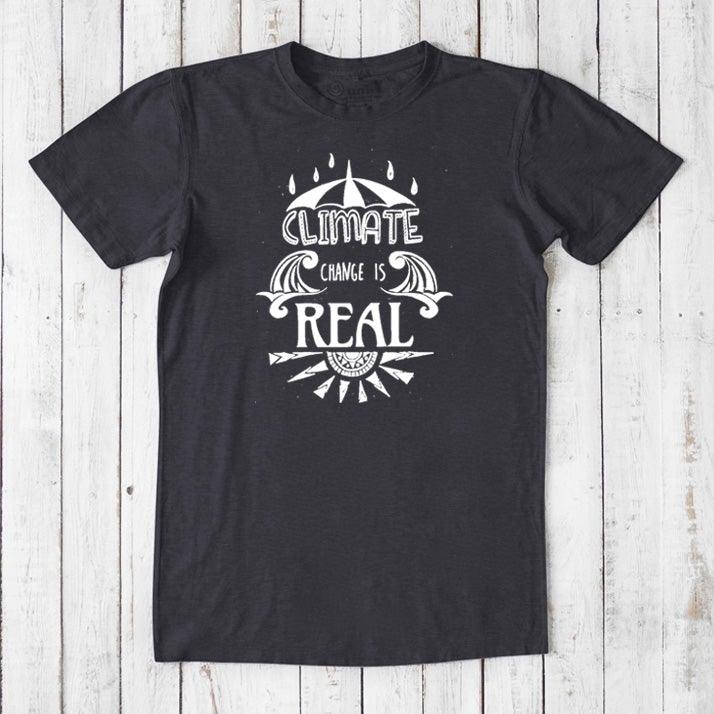 Black men's bamboo & organic cotton T-shirt with white 'Climate Change is Real' print. Bold eco-conscious graphic tee for activists.