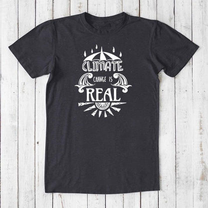 Black men's bamboo & organic cotton T-shirt with white 'Climate Change is Real' print. Bold eco-conscious graphic tee for activists.