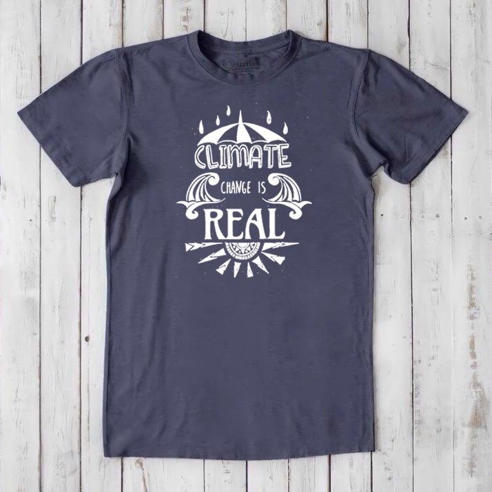 Dark navy men's bamboo & organic cotton T-shirt with white 'Climate Change is Real' message. Sustainable fashion for climate awareness.