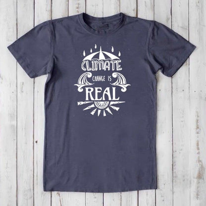 Dark navy men's bamboo & organic cotton T-shirt with white 'Climate Change is Real' message. Sustainable fashion for climate awareness.