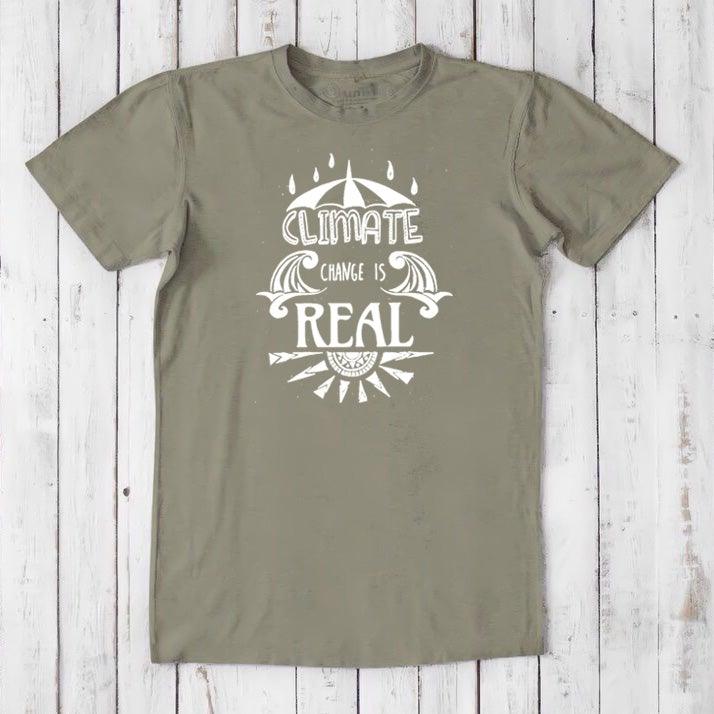 Olive green men's T-shirt in bamboo & organic cotton with white 'Climate Change is Real' print. Eco-friendly gift for environmentalists.