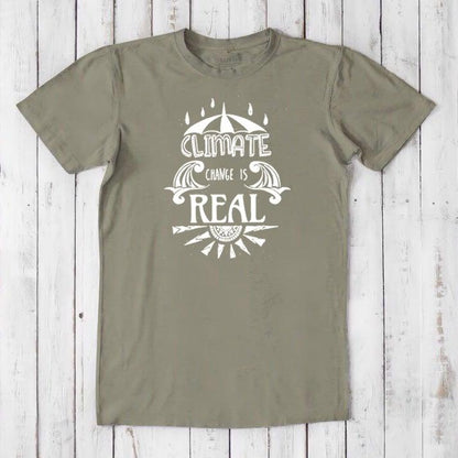 Olive green men's T-shirt in bamboo & organic cotton with white 'Climate Change is Real' print. Eco-friendly gift for environmentalists.