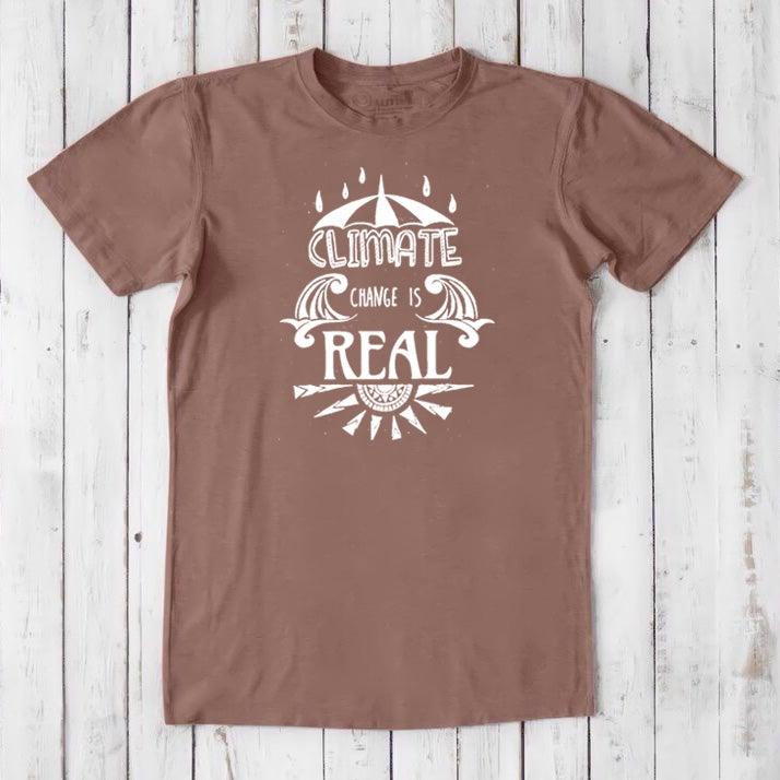 Brown men's bamboo & organic cotton T-shirt with white 'Climate Change is Real' graphic. Earth-toned activist apparel for sustainability.