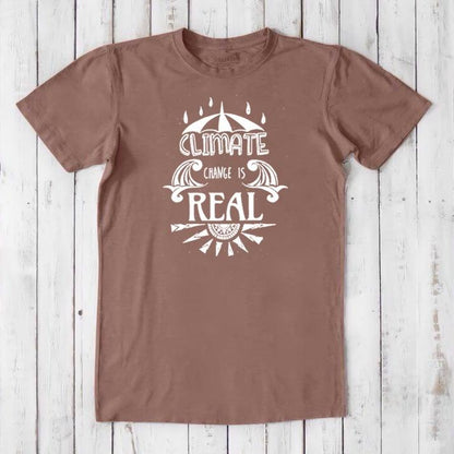 Brown men's bamboo & organic cotton T-shirt with white 'Climate Change is Real' graphic. Earth-toned activist apparel for sustainability.
