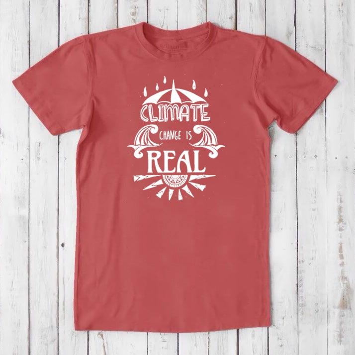 Rust red men's bamboo & organic cotton T-shirt with white 'Climate Change is Real' design. Ethical statement tee for climate advocates.