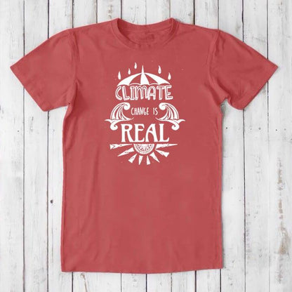Rust red men's bamboo & organic cotton T-shirt with white 'Climate Change is Real' design. Ethical statement tee for climate advocates.