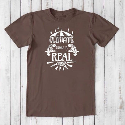 Dark brown men's bamboo & organic cotton T-shirt with white 'Climate Change is Real' print. Eco-conscious clothing for activists.