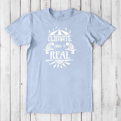 Light blue men's bamboo & organic cotton T-shirt with white 'Climate Change is Real' graphic. Soft sustainable tee for eco warriors.