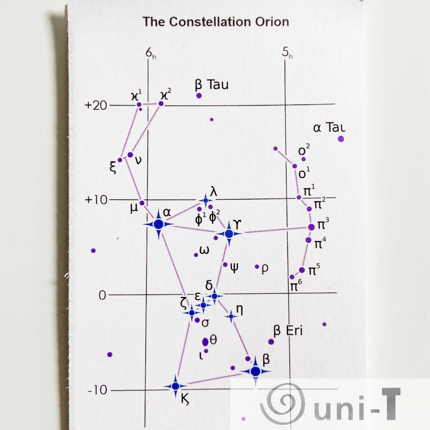 Star map of the Orion constellation with labeled stars. Educational insert included with Orion Pendant - Orion Constellation Necklace.