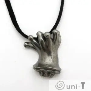 Close-up of Coral Polyp Necklace featuring a silver coral-inspired pendant on black cord, marine biology jewelry for diving enthusiasts.