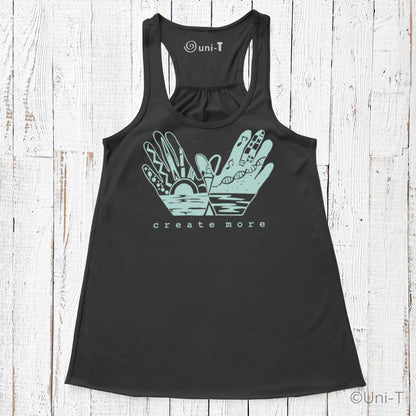 Black 'Create More' flowy tank top by Create More with teal hand art and nature motif. Stylish and soft creative tank for women.