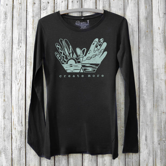 Create More Women's Bamboo Long Sleeve T-Shirt in black with artistic hand graphic and inspirational text. Eco-friendly organic cotton blend by Uni-T.