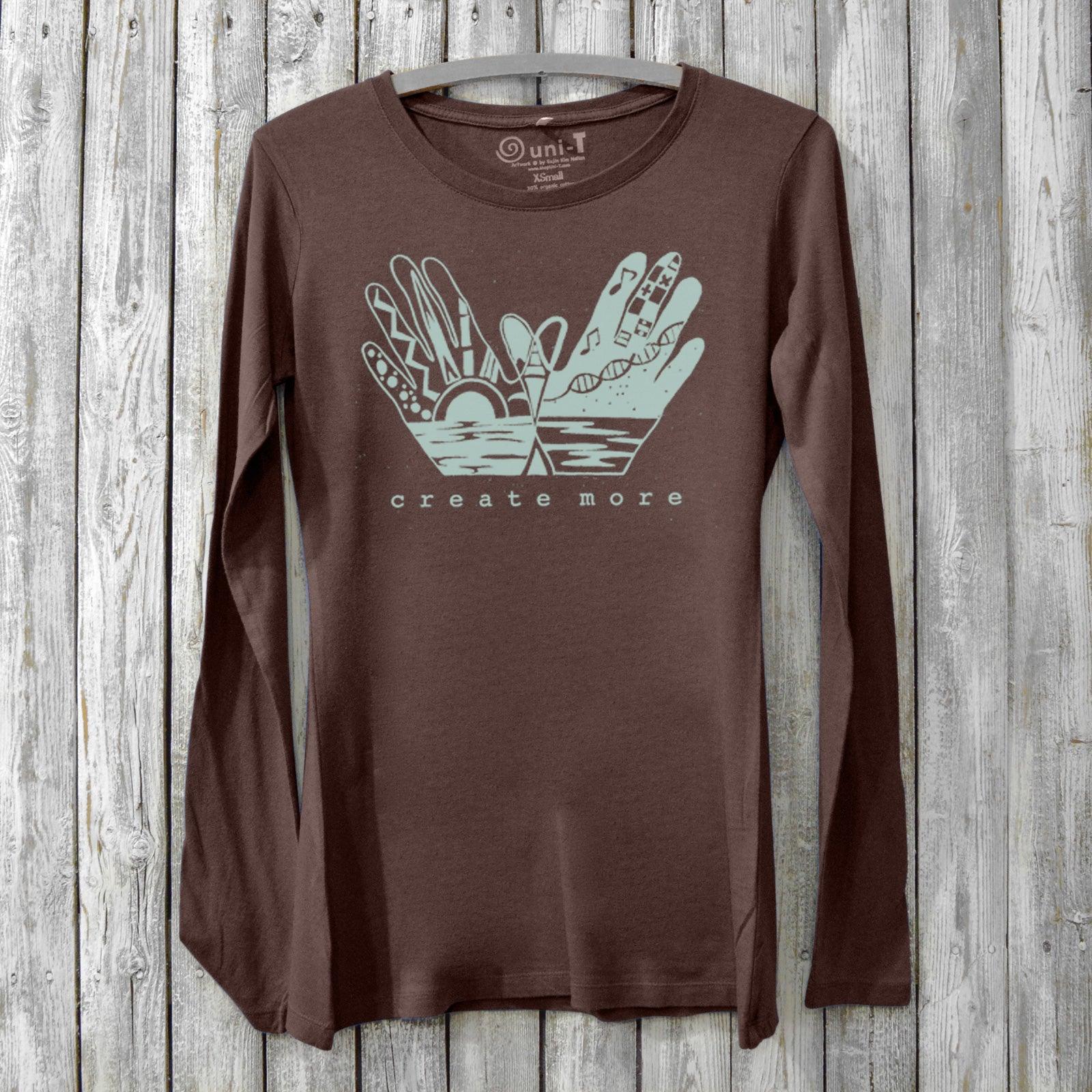 Dark brown Create More Women's Bamboo Long Sleeve T-Shirt featuring artist-inspired hand design and sustainable fabric. Creative tee by Uni-T.