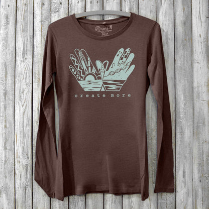 Dark brown Create More Women's Bamboo Long Sleeve T-Shirt featuring artist-inspired hand design and sustainable fabric. Creative tee by Uni-T.