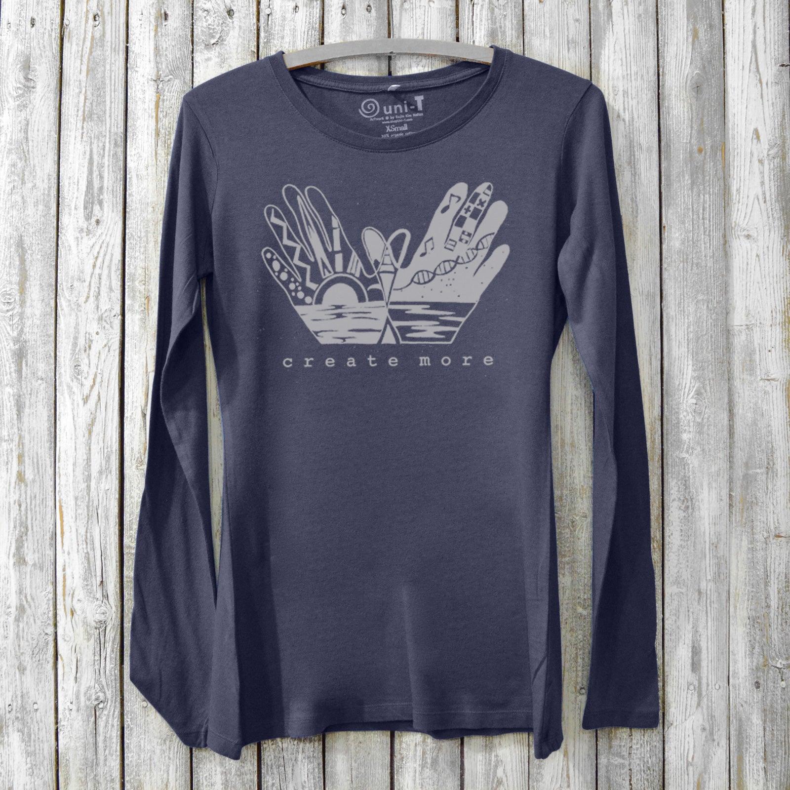 Navy Create More Women's Bamboo Long Sleeve T-Shirt with unique hand illustration and motivational message. Organic cotton blend by Uni-T.