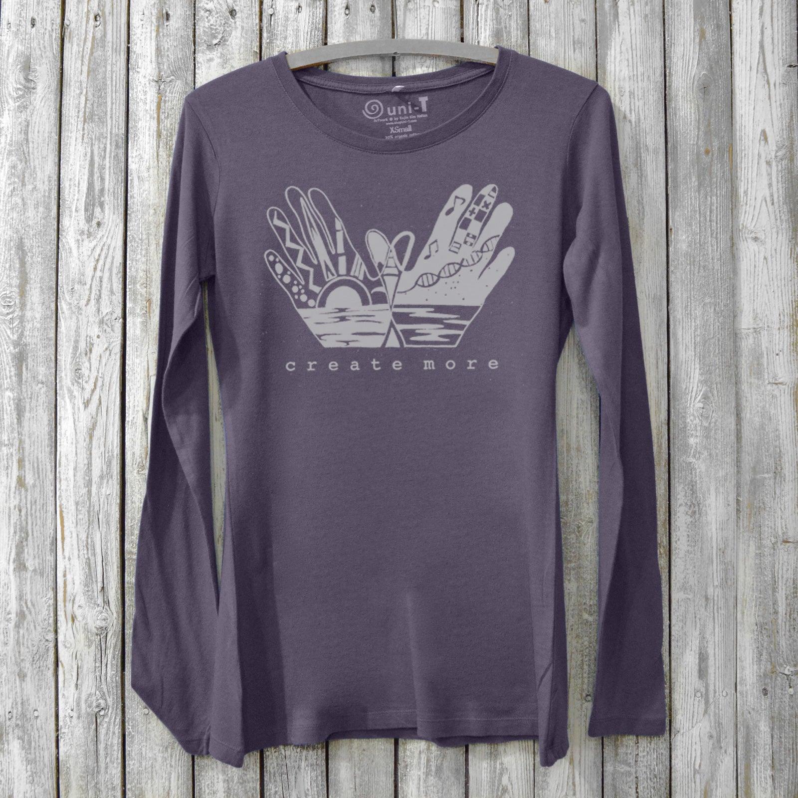 Dark purple Create More Women's Bamboo Long Sleeve T-Shirt with artistic hand print and 'create more' slogan. Sustainable fashion by Uni-T.