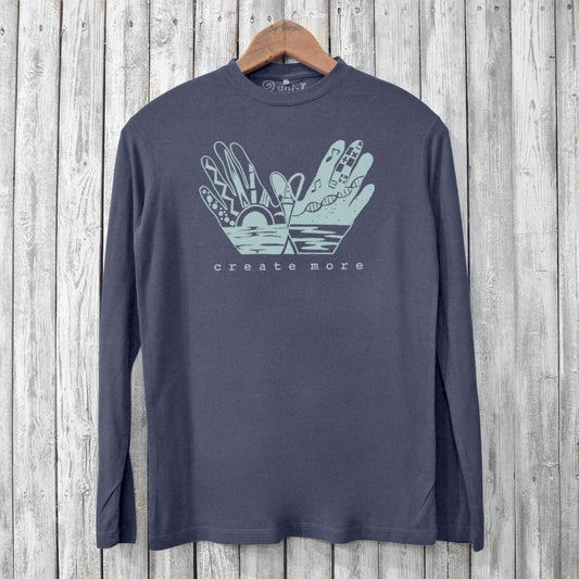 Create More T-shirts for Men - Bamboo Long Sleeve in charcoal gray with artistic hand graphic and eco-friendly design, ideal for sustainable fashion lovers.