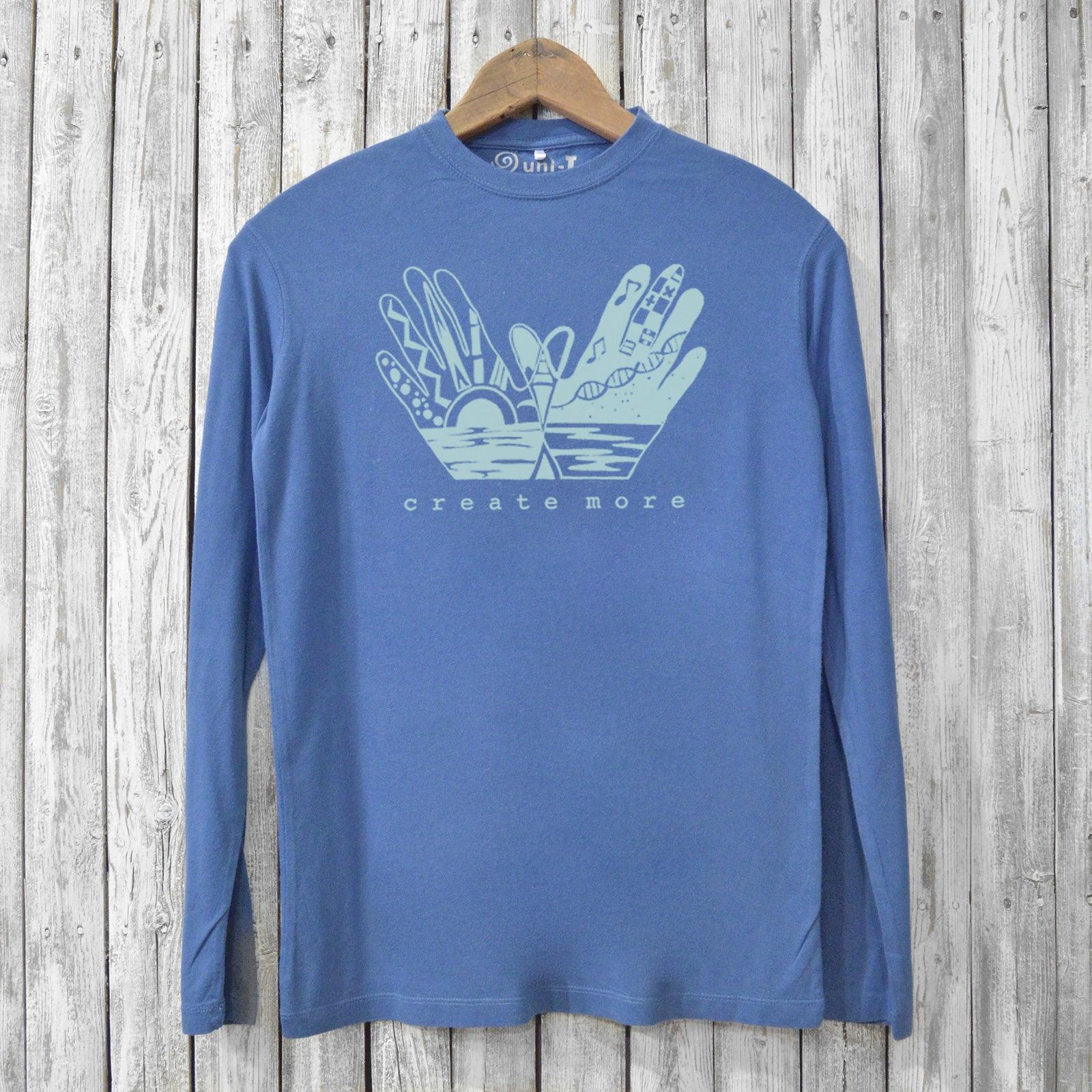 Create More T-shirts for Men - Bamboo Long Sleeve in ocean blue featuring creative hand illustration, made from organic cotton and bamboo blend.